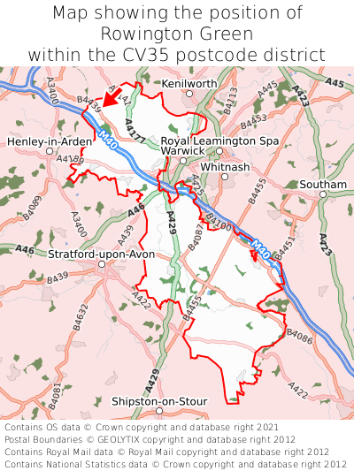 Map showing location of Rowington Green within CV35