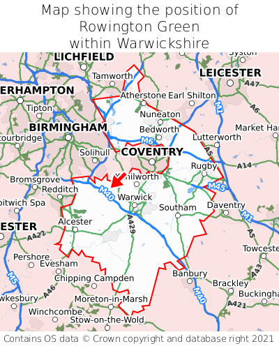 Map showing location of Rowington Green within Warwickshire