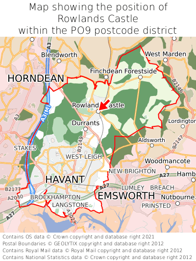 Map showing location of Rowlands Castle within PO9