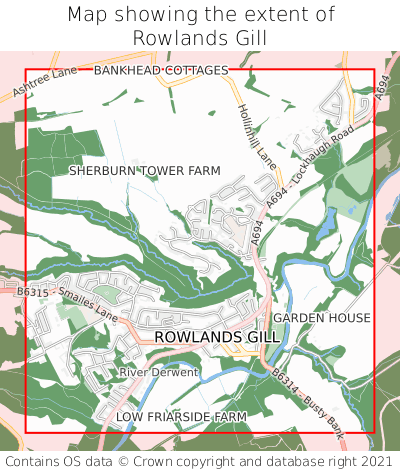 Map showing extent of Rowlands Gill as bounding box