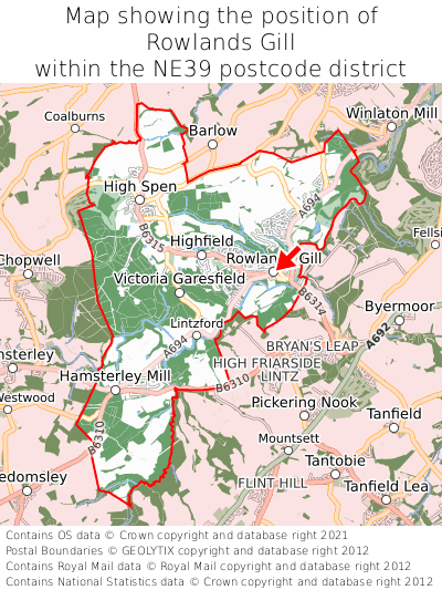 Map showing location of Rowlands Gill within NE39