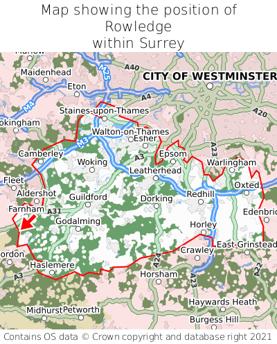 Map showing location of Rowledge within Surrey