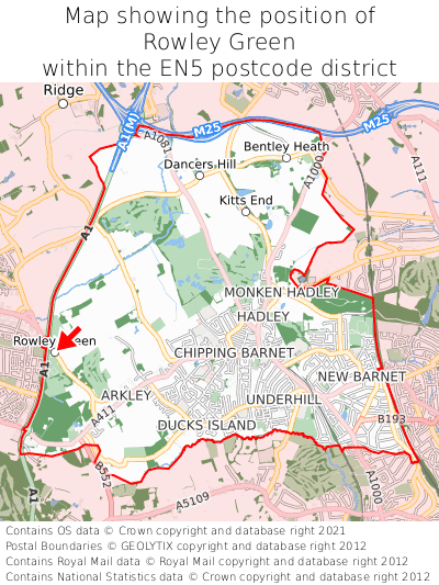 Map showing location of Rowley Green within EN5