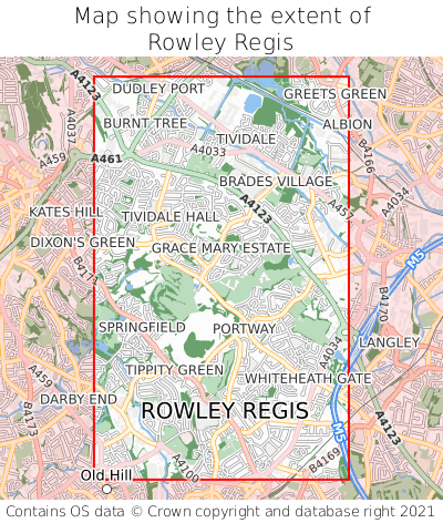 Map showing extent of Rowley Regis as bounding box