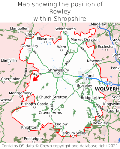 Map showing location of Rowley within Shropshire