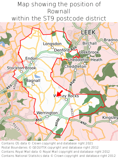 Map showing location of Rownall within ST9