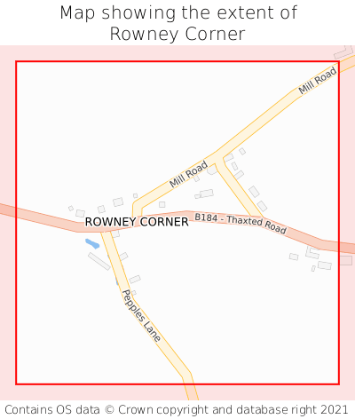 Map showing extent of Rowney Corner as bounding box