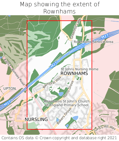 Map showing extent of Rownhams as bounding box