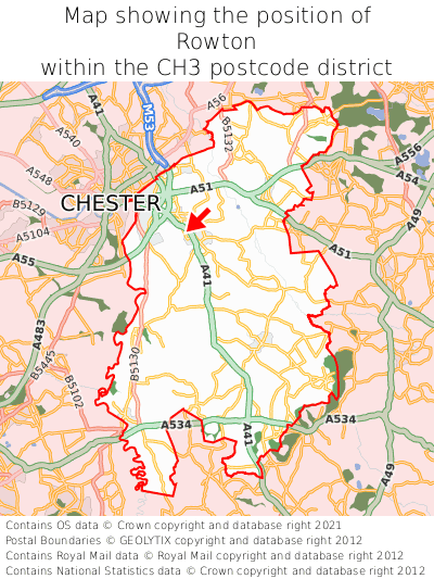Map showing location of Rowton within CH3