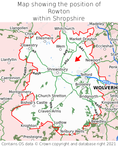 Map showing location of Rowton within Shropshire