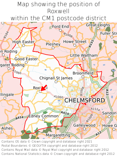 Map showing location of Roxwell within CM1