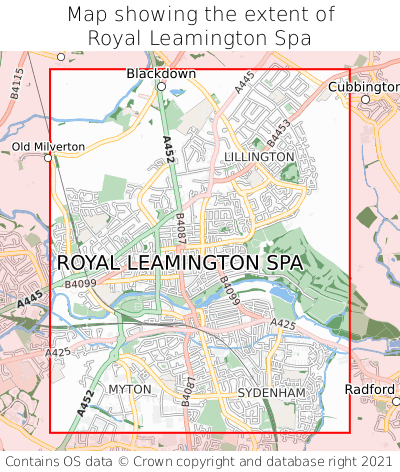 Map showing extent of Royal Leamington Spa as bounding box