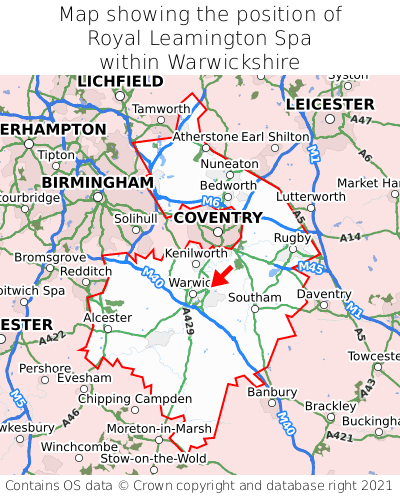 Map showing location of Royal Leamington Spa within Warwickshire