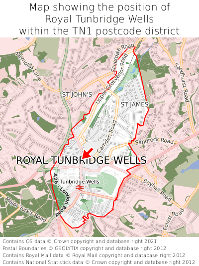 Map showing location of Royal Tunbridge Wells within TN1