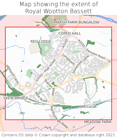 Map showing extent of Royal Wootton Bassett as bounding box