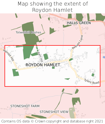 Map showing extent of Roydon Hamlet as bounding box