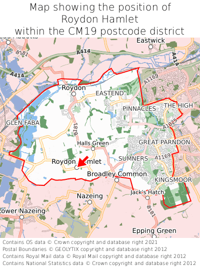 Map showing location of Roydon Hamlet within CM19