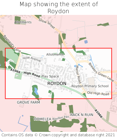 Map showing extent of Roydon as bounding box