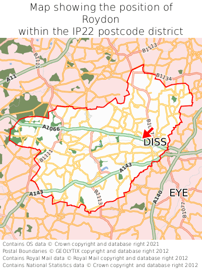 Map showing location of Roydon within IP22