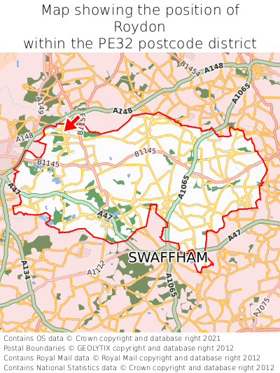 Map showing location of Roydon within PE32