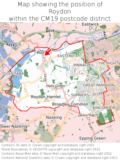 Map showing location of Roydon within CM19