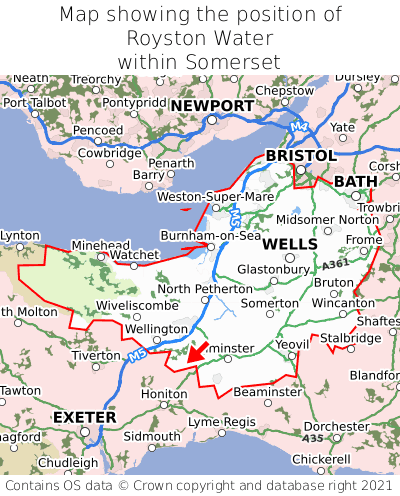 Map showing location of Royston Water within Somerset