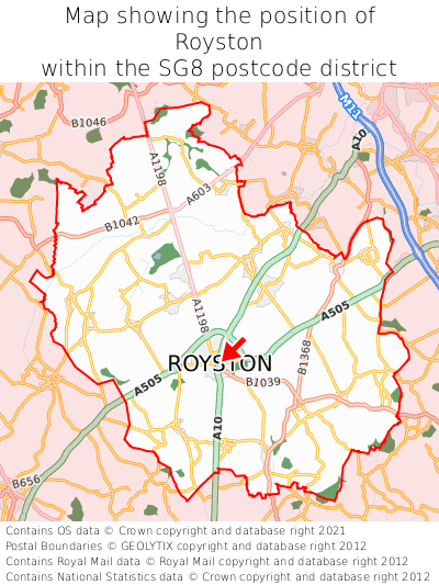 Map showing location of Royston within SG8