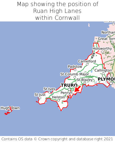 Map showing location of Ruan High Lanes within Cornwall