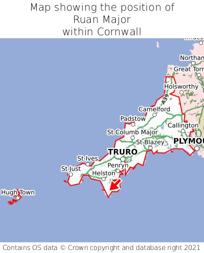 Map showing location of Ruan Major within Cornwall