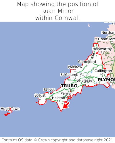 Map showing location of Ruan Minor within Cornwall