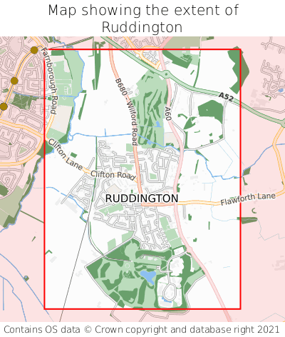 Map showing extent of Ruddington as bounding box