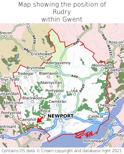 Map showing location of Rudry within Gwent