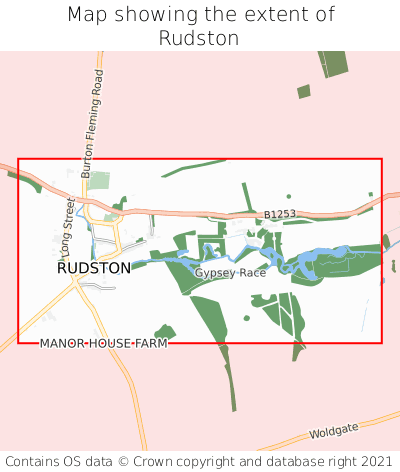 Map showing extent of Rudston as bounding box
