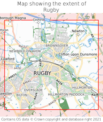 Map showing extent of Rugby as bounding box