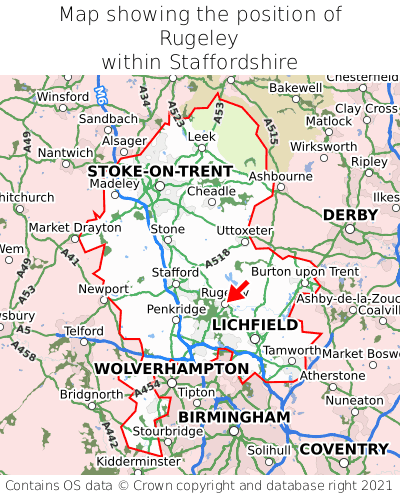 Map showing location of Rugeley within Staffordshire