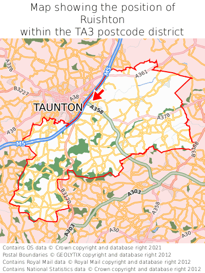 Map showing location of Ruishton within TA3