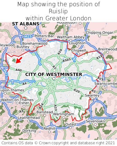 Map showing location of Ruislip within Greater London