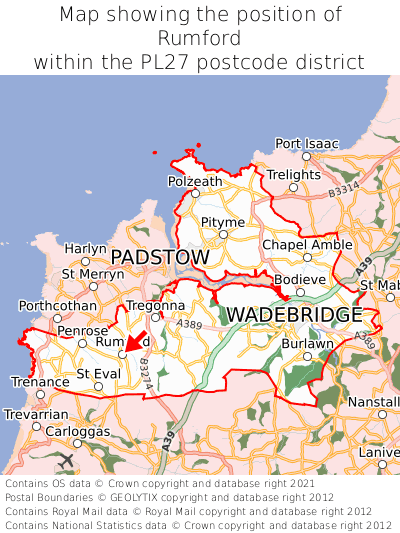 Map showing location of Rumford within PL27