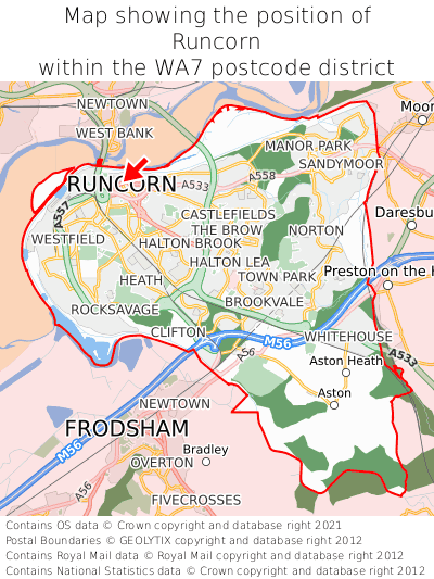 Map showing location of Runcorn within WA7