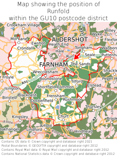 Map showing location of Runfold within GU10