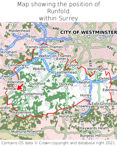 Map showing location of Runfold within Surrey