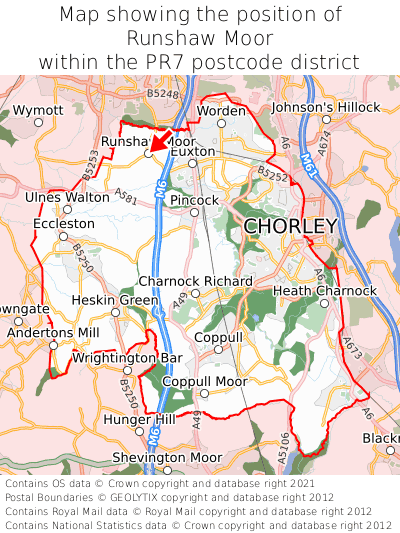 Map showing location of Runshaw Moor within PR7