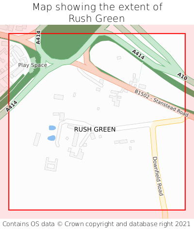 Map showing extent of Rush Green as bounding box