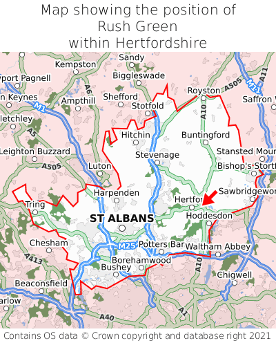 Map showing location of Rush Green within Hertfordshire