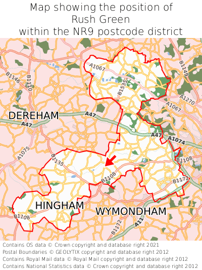 Map showing location of Rush Green within NR9