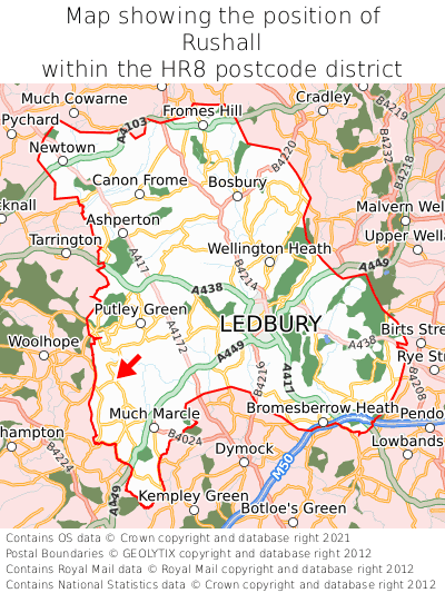 Map showing location of Rushall within HR8