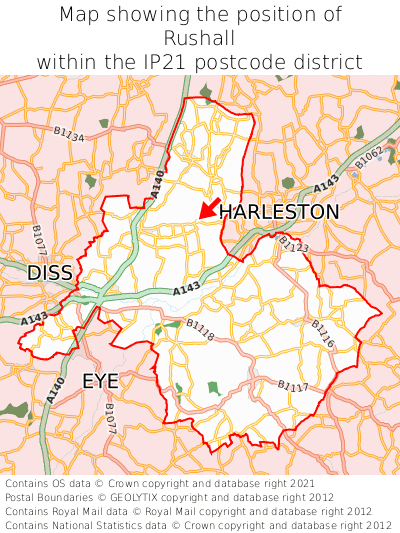 Map showing location of Rushall within IP21