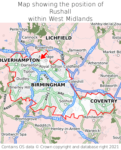 Map showing location of Rushall within West Midlands
