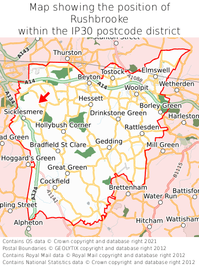 Map showing location of Rushbrooke within IP30