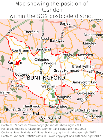Map showing location of Rushden within SG9